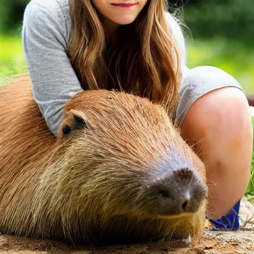 Image similar to photo of elizabeth olsen with a capybara, ultra detailed, photo realistic