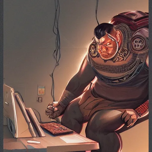 Image similar to a insanely detailed painting of a thick asian man wearing a homemade superhero costumed, sitting at a computer desk typing on the keyboard, in the style of peter mohrbacher, dramatic lighting and composition, trending on artstation, concept art, comic book, graphic novel