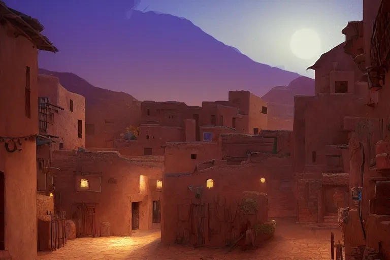 Image similar to in the middle of a adobe house kasbah town, mud and brick houses, merchant street, pueblo architecture, colorful crowd. Scenic view at night, underexposed, clean horizon, matte painting by raphael lacoste and marc simonetti and ruan jia, trending on artstation