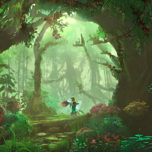 Image similar to beautiful ancient magical overgrown secret place, mysetrious etherial mesmerizing atmosphere, beautiful midnight lighting, extremely intricate, hyper detailed, hd, masterpiece, legend of zelda, studio ghibli