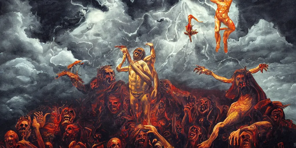 Image similar to horror mate painting of one man been punish by daemons in hell, scene inspired by carvaggio, god and the holy spirit are watching everything from the top of the painting behind clouds, body parts everywhere, blood, fire, crimes, insanely detailed, horror, intricate, sharp focus, foggy