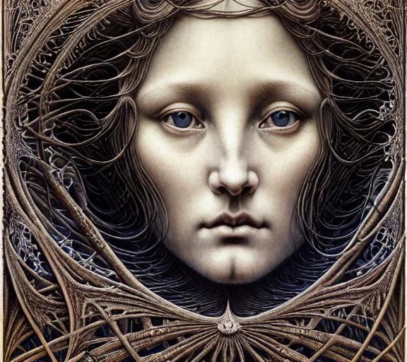 Image similar to detailed realistic beautiful moon goddess face portrait by jean delville, gustave dore, iris van herpen and marco mazzoni, art forms of nature by ernst haeckel, art nouveau, symbolist, visionary, gothic, neo - gothic, pre - raphaelite, fractal lace, intricate alien botanicals, ai biodiversity, surreality, hyperdetailed ultrasharp octane render