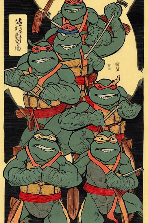 Image similar to Four Teenage Mutant Ninja Turtles, Japanese ukiyo-e ukiyo-ye woodblock print, by Moronobu