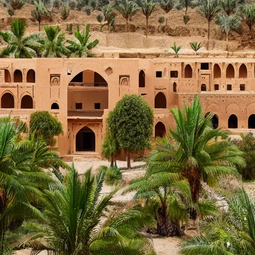 Image similar to landscape photograph of a large najdi mud house palace with gardens and palm trees. Detailed