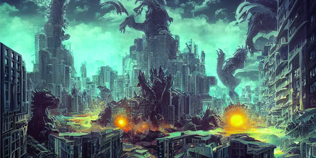 Prompt: kaiju rampage in 2099 Miami Beach, digital matte black paper art pastiche by Moebius and by Cyril Rolando, Beautiful epic cityscape, pastiche by Moebius, Cyril Rolando, Shawn Coss, Junji Ito, and Roger Dean