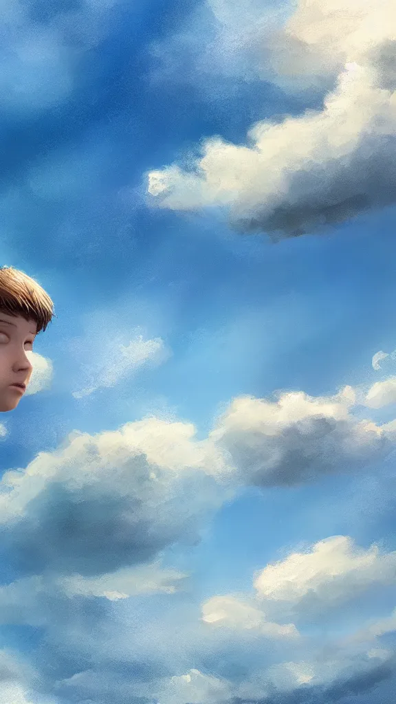 Image similar to A boy swimming in the clouds, volumetric lightin, highly detailed, digital painting, artstation, concept art, smooth, sharp focus, blue sky, sunshine