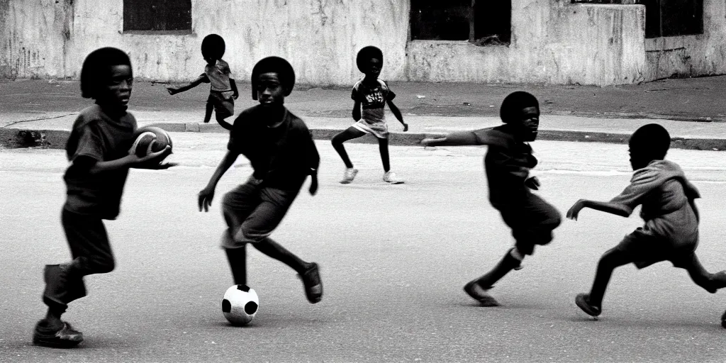 Prompt: street, black kids playing football, 1 9 8 0 s film photography, exposed b & w photography, christopher morris photography, bruce davidson photography, peter marlow photography