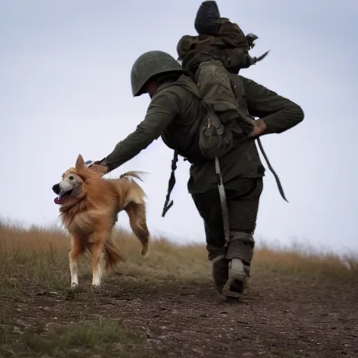 Image similar to a human riding to war on the back of his sheltie dog