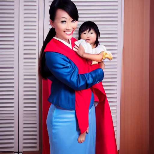 Prompt: Asian superhero teacher lady as mother of 2 little girls, asian propaganda HD photo for the new generations