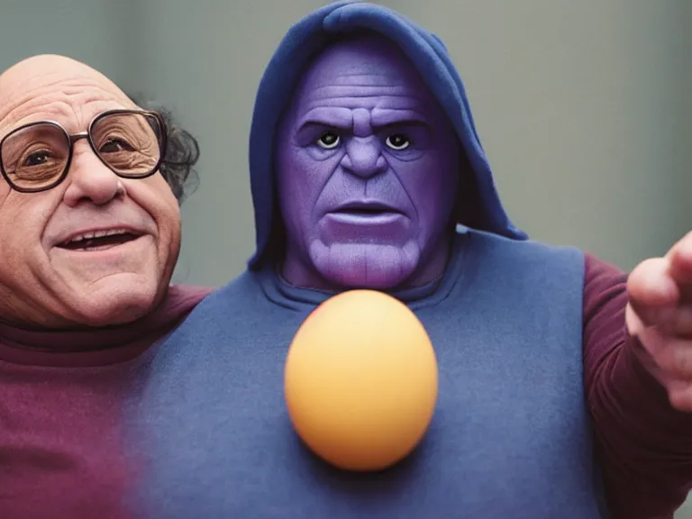 Image similar to danny devito as thanos holding up an egg, cinematic, anamorphic, dramatic, 4 0 mm f / 2. 8