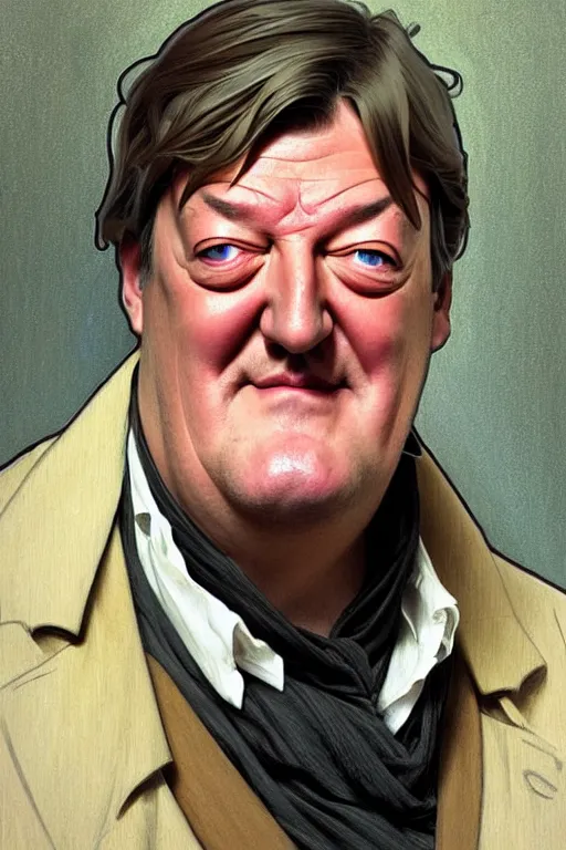 Image similar to stephen fry winking his left eye at the camera, in the style of art by artgerm and greg rutkowski and alphonse mucha