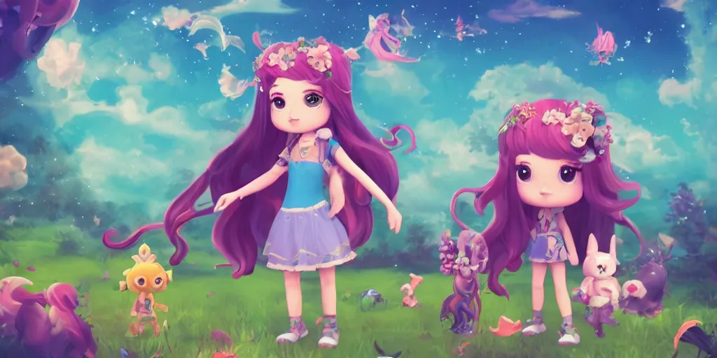 Image similar to Aquarius as a cute character playing in a magical field surrounded by super super cute creatures, funko pop, digital art, artstation, cinematic photo, ratio 16:9