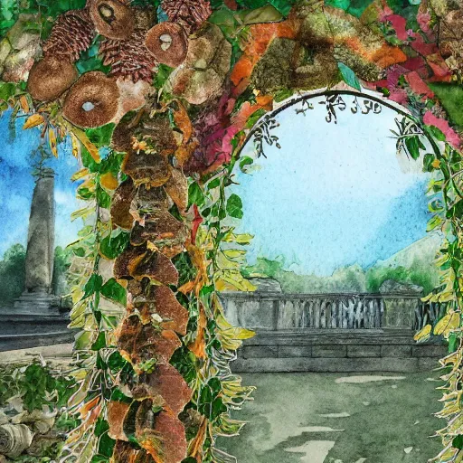 Image similar to delicate marble autumn garden on paper floating puffy vines botanical 1 9 2 0 herbarium botanic watercolors coastline iridescent 8 k wide angle realistic shaded fine details, artstation italian rainbow colonnade oak pinecone gardena architecture pompeii boundary wall