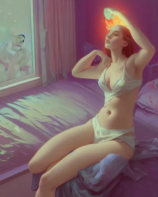 Prompt: emily rajtkowski, posing, vaporwave, bedroom, highly detailed, digital painting, artstation, concept art, smooth, sharp focus, illustration, art by artgerm and greg rutkowski and alphonse mucha