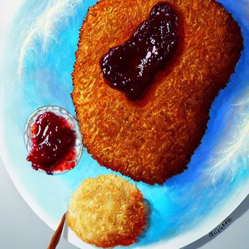 Prompt: epic illustration of a breaded steak with jam and a `blue flower`!!!, best on artstation, cgsociety, much detail, much wow, masterpiece