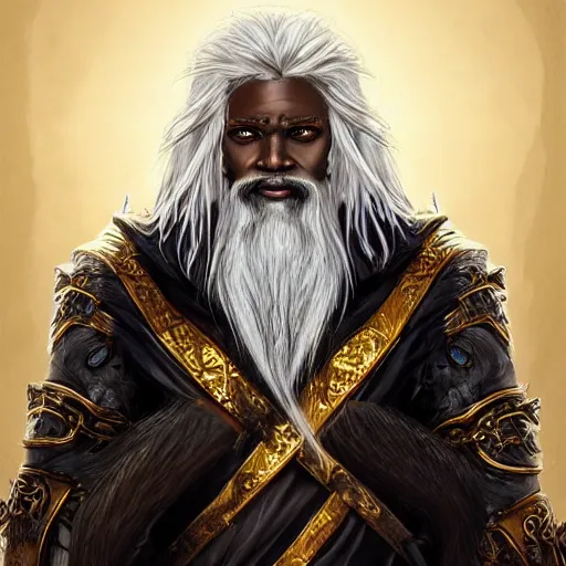 Prompt: black african elder old grizzled odin god with white hair with a godly fade and weathered golden armor, epic fantasy art portrait realistic artstation