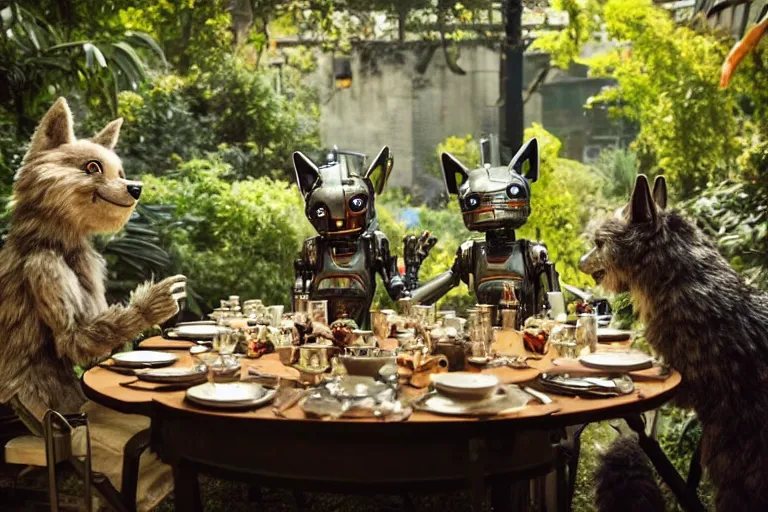 Prompt: film still from the movie chappie of the robot chappie shiny metal outdoor park plants garden scene bokeh depth of field several figures sitting down at a table having a grand victorian tea party furry anthro anthropomorphic stylized cat ears wolf muzzle head android service droid robot machine fursona