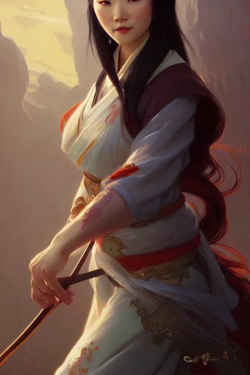 Image similar to Mulan, D&D, fantasy, intricate, elegant, highly detailed, digital painting, artstation, concept art, matte, sharp focus, illustration, art by Artgerm and Greg Rutkowski and Alphonse Mucha