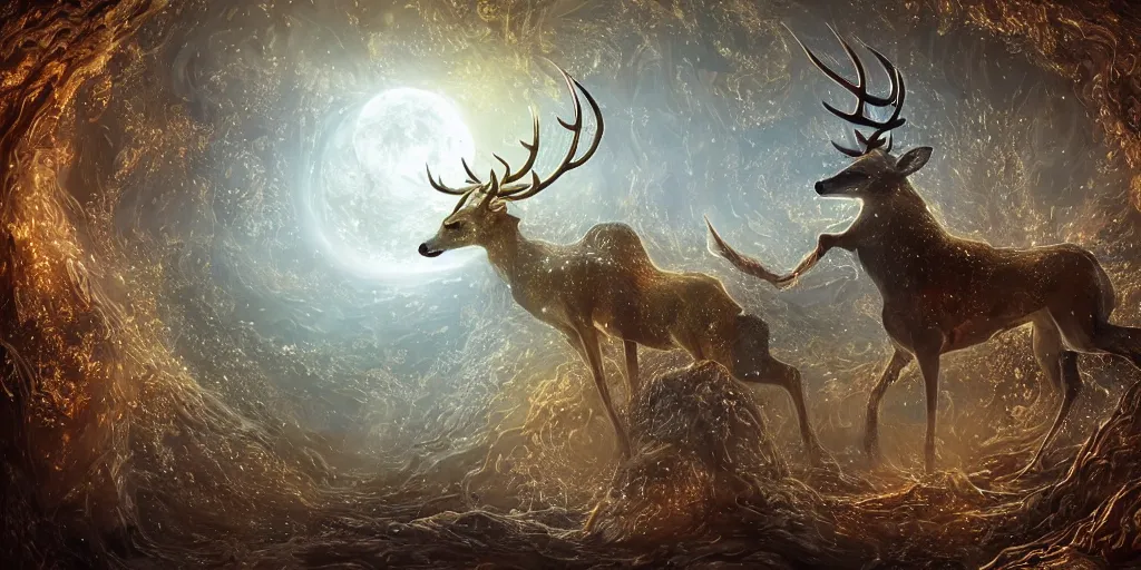 Prompt: concept art of translucent glowing deer dancing, big booty, flowy, melting, round moon, swirly clouds, very detailed, volumetric light, mist, fine art, textured oil over canvas, dragons, epic fantasy art, very colorful, ornate intricate scales, gold skulls, fractal gems, 8 k, hyper realistic, high contrast