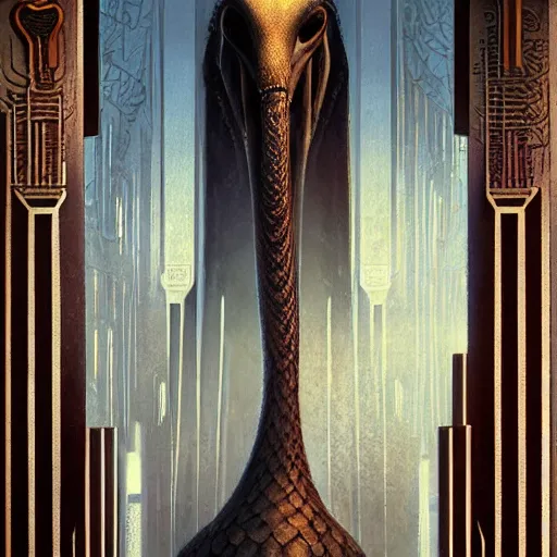 Prompt: portrait of tall, long-necked lipless mutant with scaled face and serpent eyes wearing gauze toga and standing in cyberpunk art deco mosque, alien bestiary by Barlowe, Greg Rutkowski, and Yoshitaka Amano