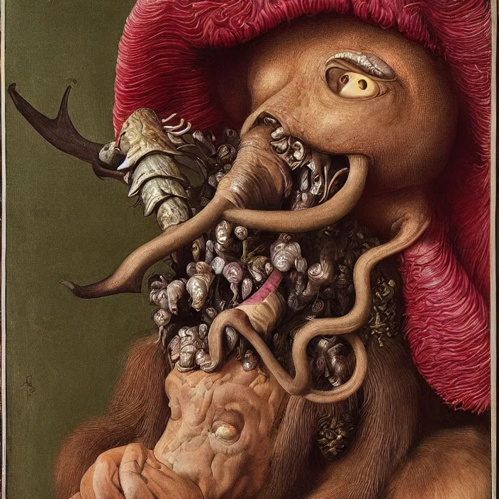 Image similar to close up portrait of a mutant monster creature with giant protruding eyes bulging out of their eye sockets, exotic orchid - like mouth, long colorful hair growing out of the nostrils, antelope horns. by jan van eyck, walton ford