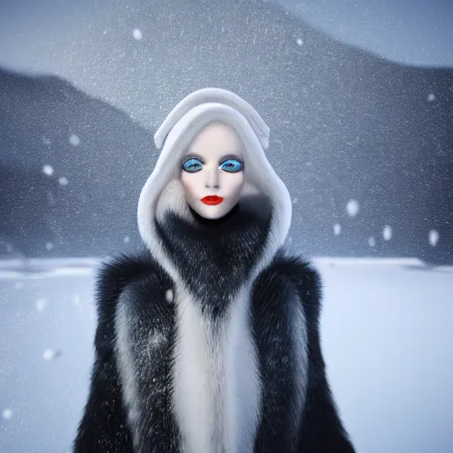 Prompt: avant-garde art, deco fashion, highly detailed, photorealistic portrait, serene antartica snow setting, cloudy weather, crisp quality and light reflections, unreal engine 5 quality render