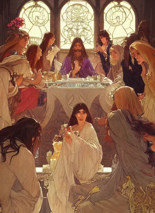 Image similar to the last supper beautiful painting by artgerm and greg rutkowski and alphonse mucha, highly detailed, illustration, epic, fantasy, intricate, hyper detailed, artstation, concept art, smooth, sharp focus, ray tracing