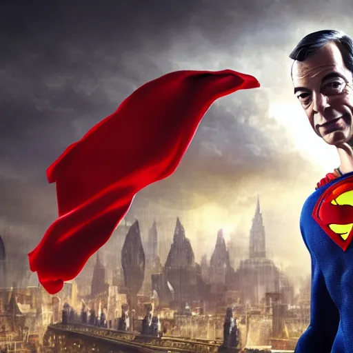 Image similar to Portrait of Nigel Farage as superman, heroic, amazing splashscreen artwork, splash art, head slightly tilted, natural light, elegant, intricate, fantasy, atmospheric lighting, cinematic, matte painting, detailed face, by Greg rutkowski