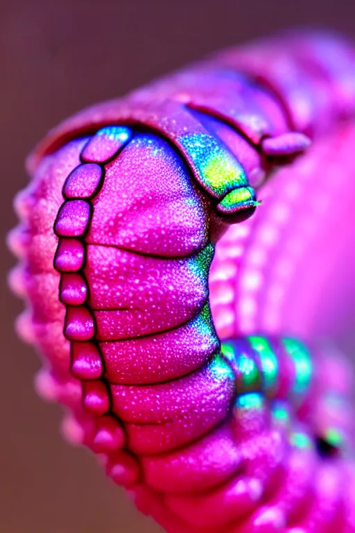 Image similar to high quality macro photo iridescent cyborg caterpillar! cute highly detailed david ligare elson peter cinematic pink lighting high quality low angle hd 8k sharp shallow depth of field