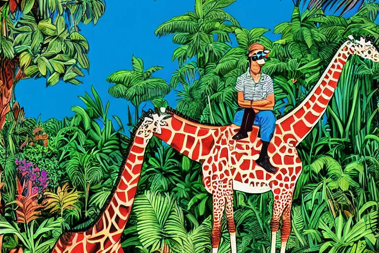 Prompt: a greeting carton man sitting on a giraffe with sunglasses, jungle background with colorful flora, by mordillo, comic style, 1980s