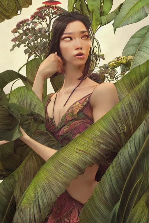 Image similar to ultra realistic illustration, banana plants drawing, japanese art, elegant, highly detailed, digital painting, concept art, smooth, sharp focus, illustration, art by artgerm and greg rutkowski and alphonse mucha