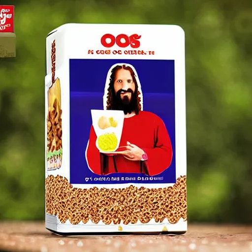 Image similar to cereal box for a jesus themed cereal called christ - o's, jesus, crosses, cereal, product photograph