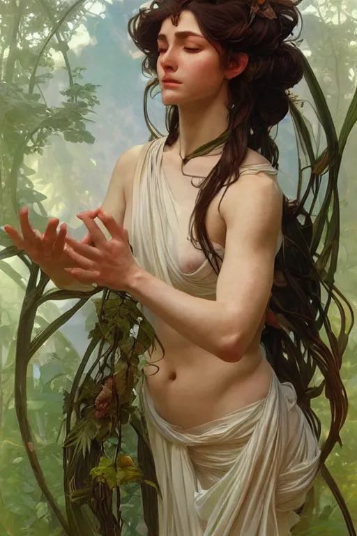 Prompt: goddess of nature, accurate anatomy, only two hands, highly detailed, digital painting, artstation, concept art, smooth, sharp focus, illustration, Unreal Engine 5, 8K, art by artgerm and greg rutkowski and Alphonse Mucha