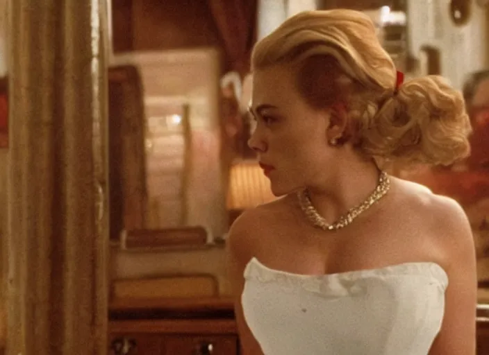 Prompt: movie still of a scarlett johannson with a very big bust in goodfellas, directed by martin scorsese