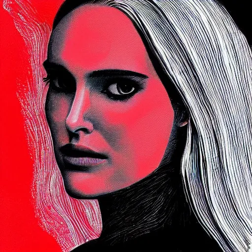 Prompt: “Natalie Portman highly detailed portrait, by Jamie Hewlett, red black white colors, white hair, magic on the background”