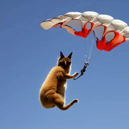 Prompt: a Siamese cat skydiving parachute open