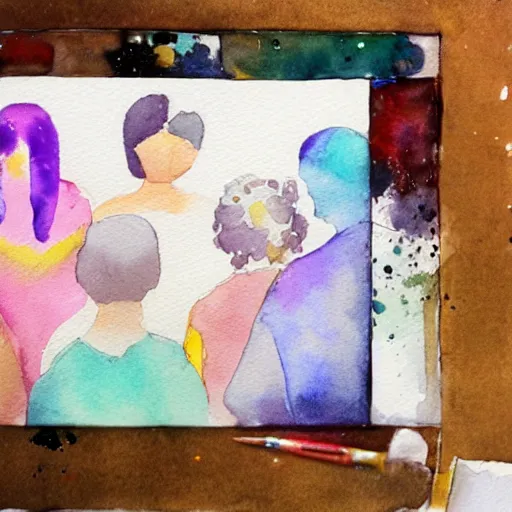 Image similar to 1 2 diamonds sitting on a table surrounded by people, watercolor painting