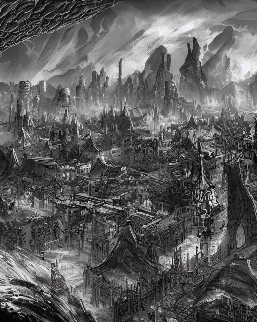 Image similar to the ivory fields, city of desert, buildings, black and white, environment art, fantasy art, landscape art, in the style of masami kurumada, illustration, epic, fantasy, intricate, hyper detailed, artstation, concept art, smooth, sharp focus, ray tracing