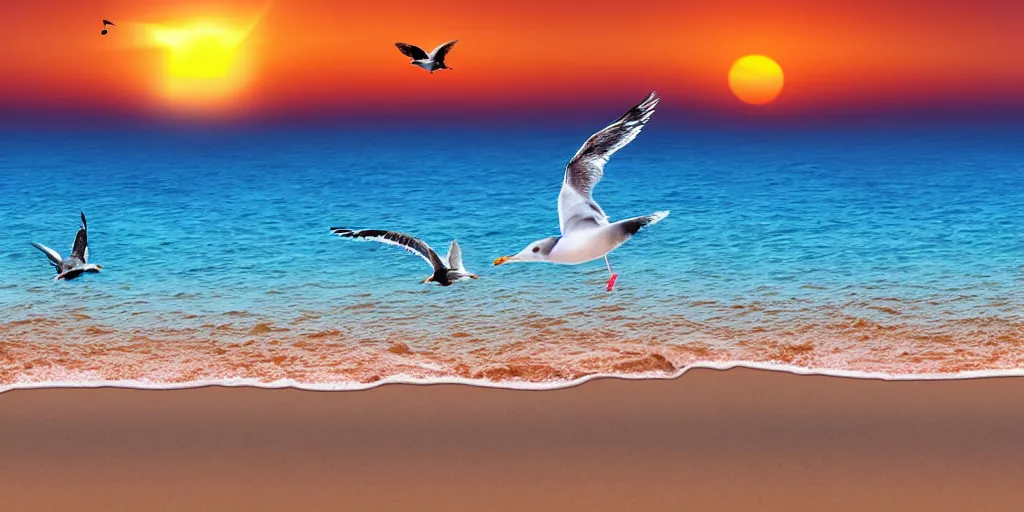 Image similar to seagulls flying over the ocean during the sunset as the sand twinkles, realistic