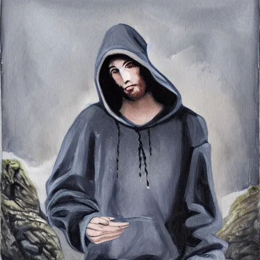 Prompt: a painting in gothic style of a guy with white hoodie pushing a big rock. modern clothes
