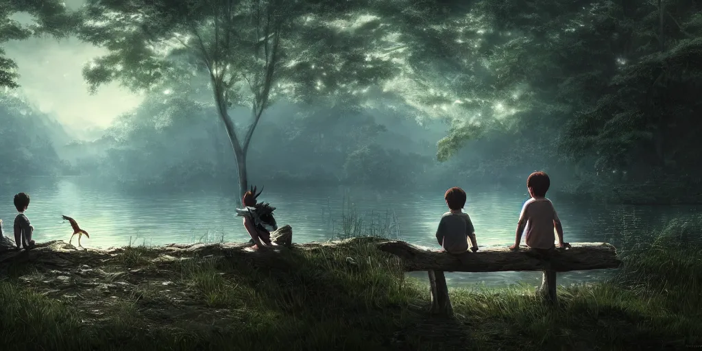 Image similar to a silver dragon and a boy sitting next to lake in forest, many fireflys, at night, concept art, dof, cryengine, digital art, detailed background, makoto shinkai