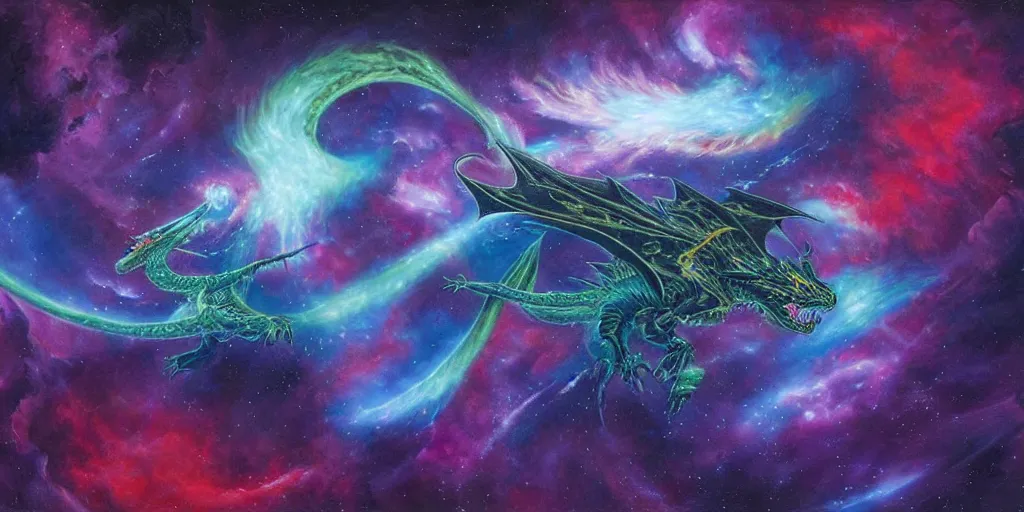 Prompt: a bioluminescent dragon flying in outer space, red and purple nebula, Dan Seagrave art