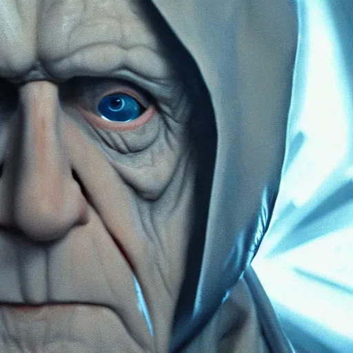 Image similar to portrait of Emperor Palpatine, Orange eyes, circles under the eyes, Star Wars movie Style, photo from the movie