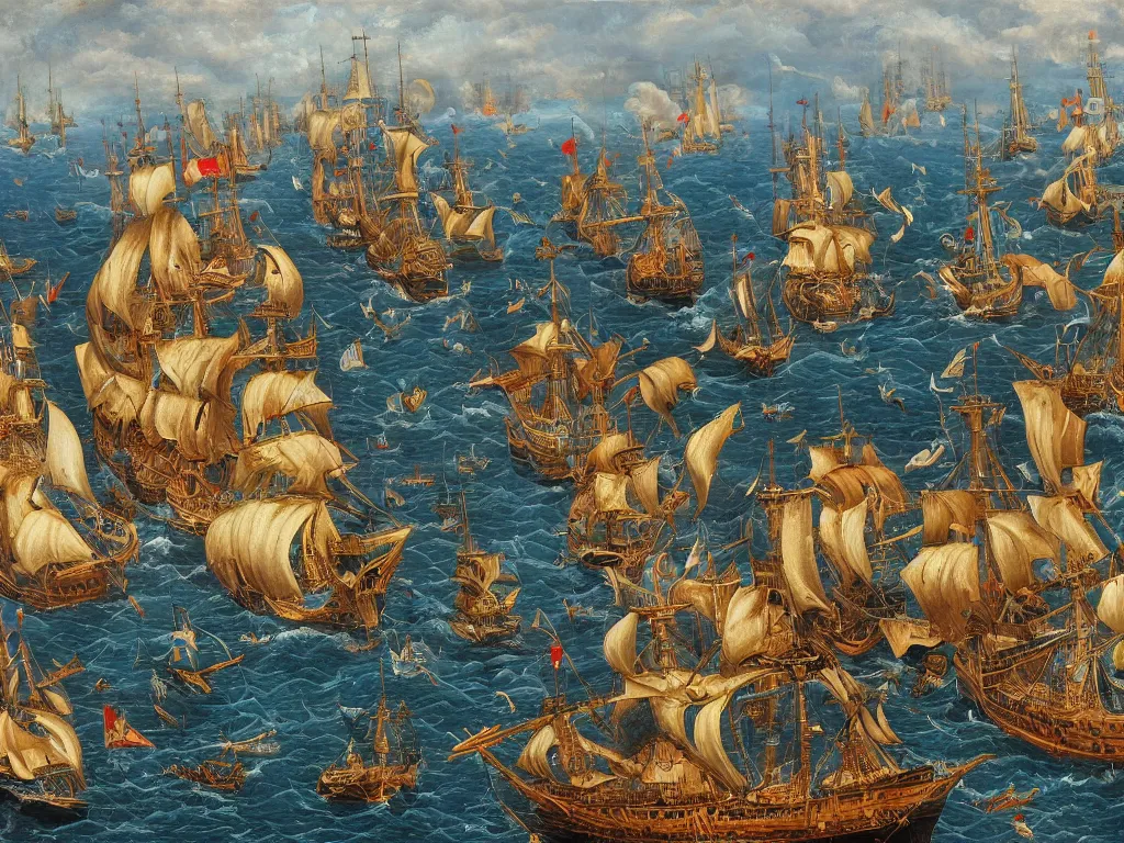 Image similar to An oil painting of a medieval naval battle, highly detailed, intricate, 4k, masterpiece