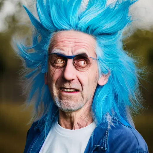 Prompt: portrait photo still of real life rick sanchez from rick and morty, blue hair, wild eyes, scientist outfit, 8 k, 8 5 mm f 1. 8