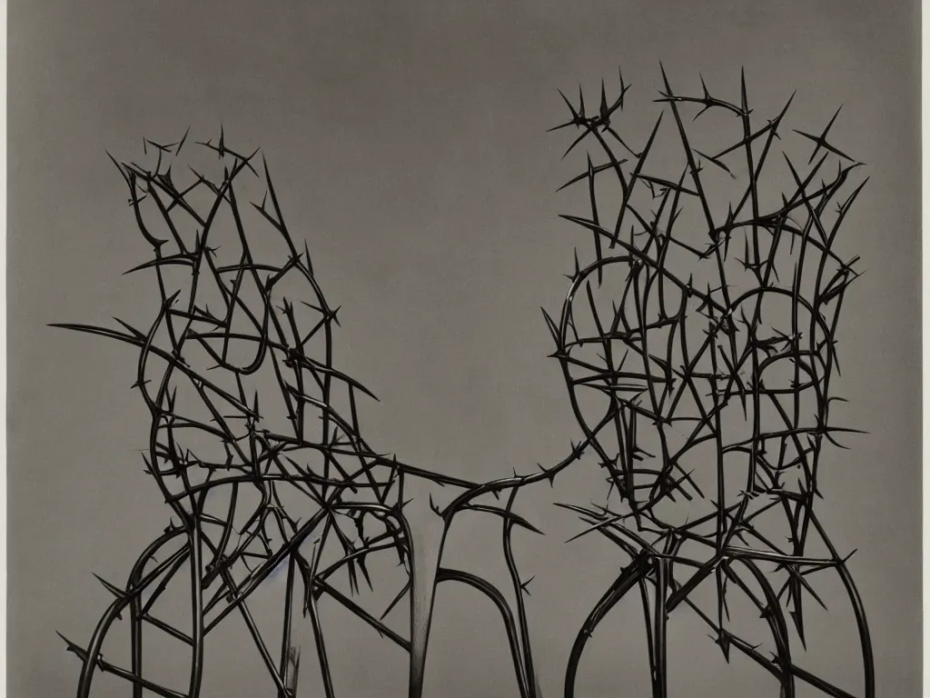 Image similar to humanoid gothic chair with thorns. karl blossfeldt, yves tanguy