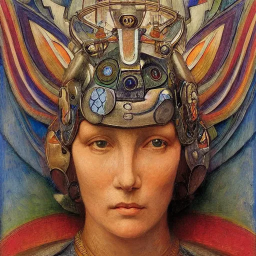 Image similar to the robot queen with her bird mask, by annie swynnerton and diego rivera and elihu vedder, symbolist, dramatic lighting, elaborate geometric ornament, head and shoulders, art brut, soft cool colors, smooth, sharp focus, extremely detailed, adolf wolfli and donato giancola