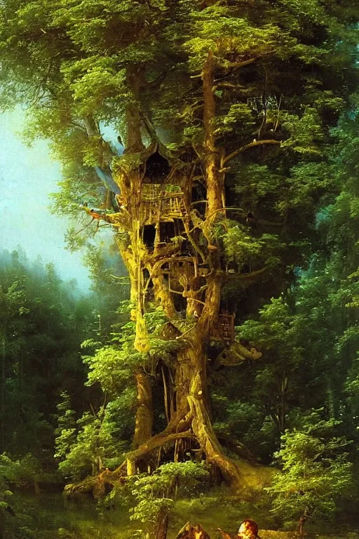 Prompt: oil painting of a fantasy treehouse by ivan shishkin and aivazovsky, highly detailed, masterpiece