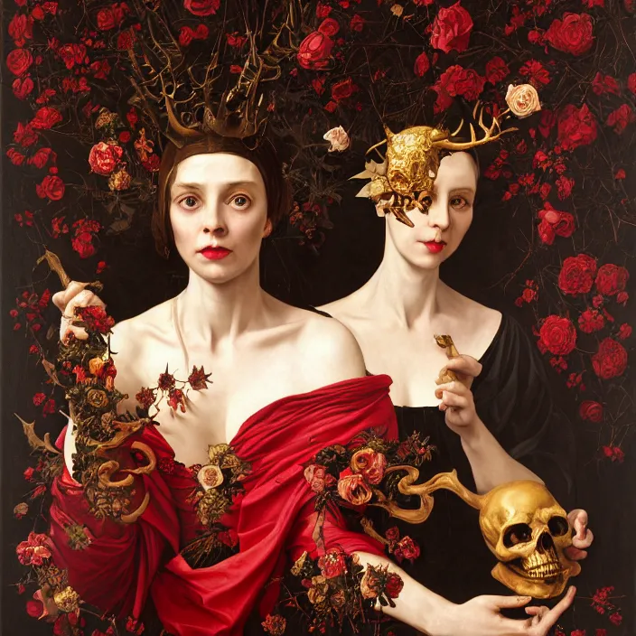 Image similar to portrait of a woman with a golden skull instead of a head, a wreath of thorns, a dress of bones and roses, horns, snakes, smoke, flames, full-length, oil painting in a renaissance style , very detailed, red background, painted by Caravaggio, Greg rutkowski, Sachin Teng, Thomas Kindkade, Alphonse Mucha, Norman Rockwell, Tom Bagshaw.