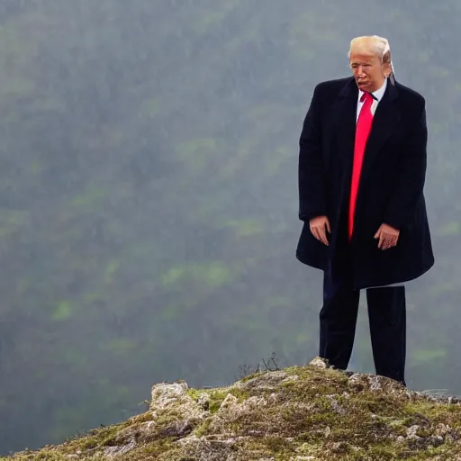 Image similar to donald trump, on top of mountain, rainy day